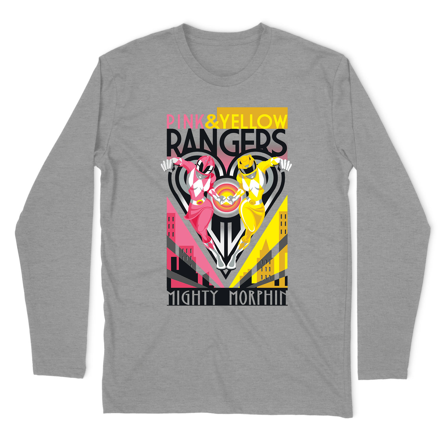 MIGHTY MORPHIN POWER RANGERS PINK & YELLOW DECO LONG SLEEVE T-SHIRT